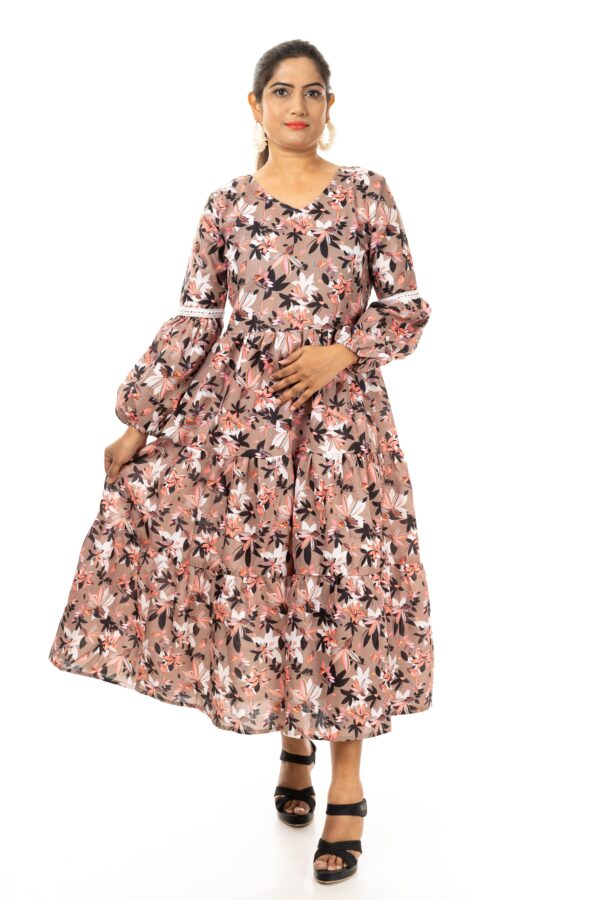 Printed Puff Sleeve  Maxi Dress(Color : Brown)