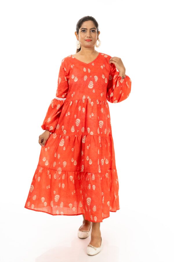 Printed Puff Sleeve  Maxi Dress ( Color : Red)
