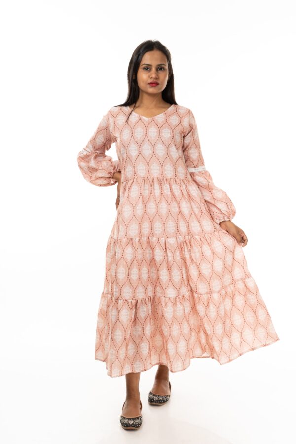Printed Puff Sleeve Maxi Dress (Color: BEIGE )